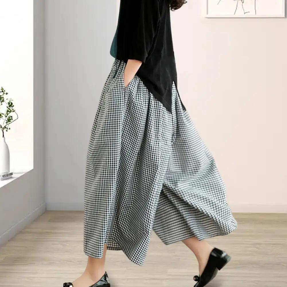 Women Reinforced Pocket Pants Flattering Leg Shape Women Trousers Plaid Print Wide Leg Sport Trousers with Reinforced for Women