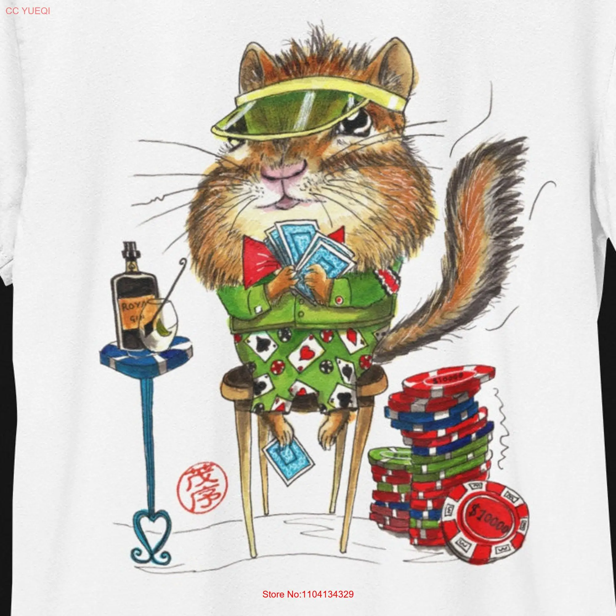 Chipmunk T Shirt soft cotton Poker cards chips player cute animal whimsical apparel original art graphic design fun