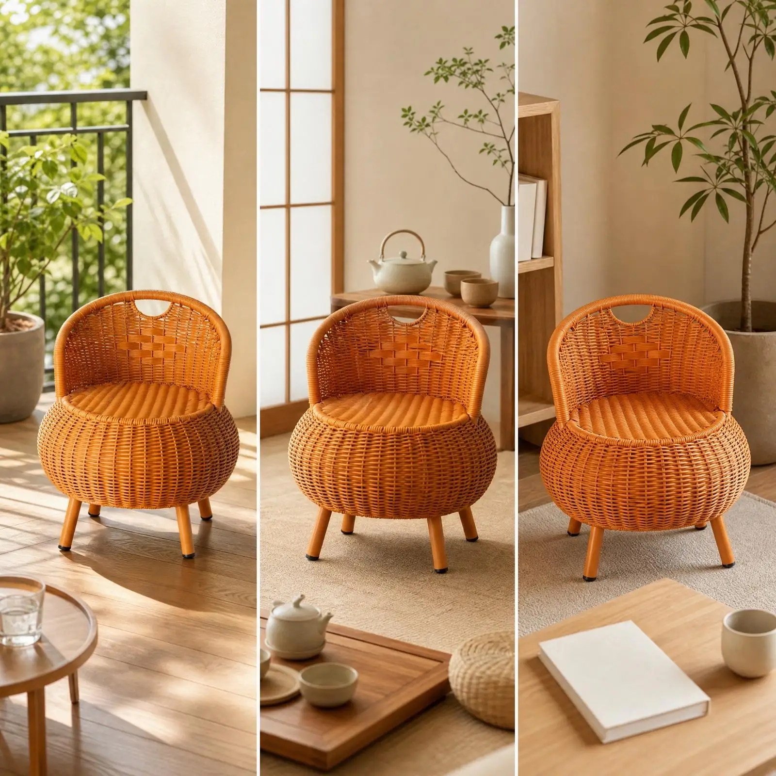 Woven-Look Chair Compact Latticework Chair with Tapered Legs Low-Profile for Balcony, Tea Room, Entryway