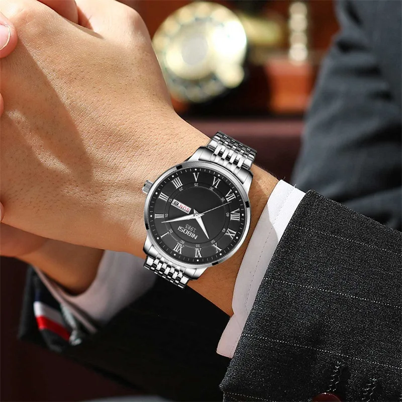 NIBOSI New Fashion Quartz Watches Men Stainless Steel Waterproof Week Date Mens Watches Top Brand Luxury Clock Relogio Masculino