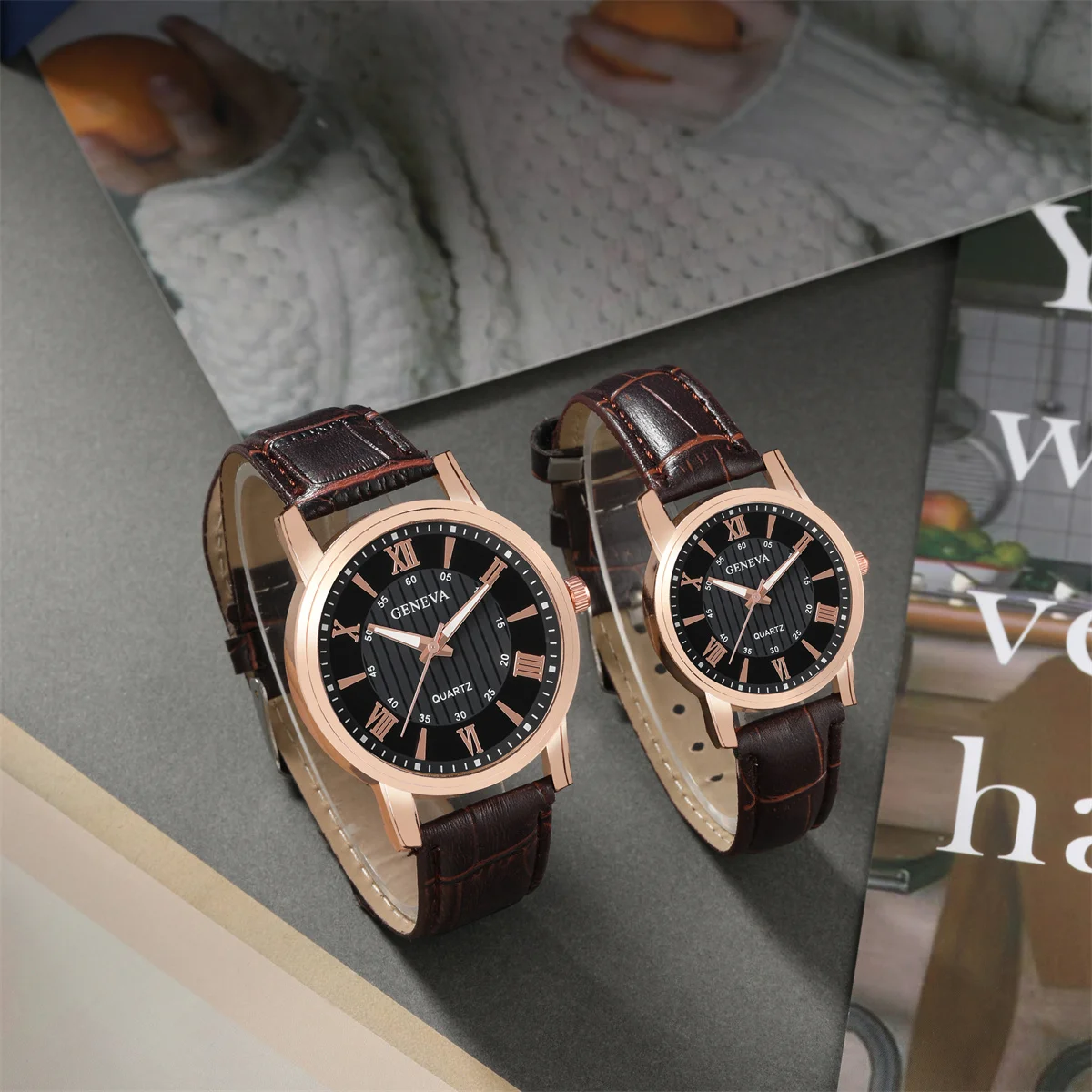 2PCS Fashion Couple Set Watches Luxury Men Women Business Casual Leather Quartz Watch Simple Brown Wristwatch