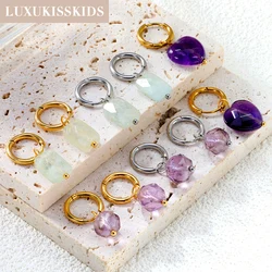 LUXUKISSKIDS Purple Natural Stones Teardrop Dangle Earrings for Women/Girls Simple Stainless Steel Gold-Plated Hoop Huggies Clip