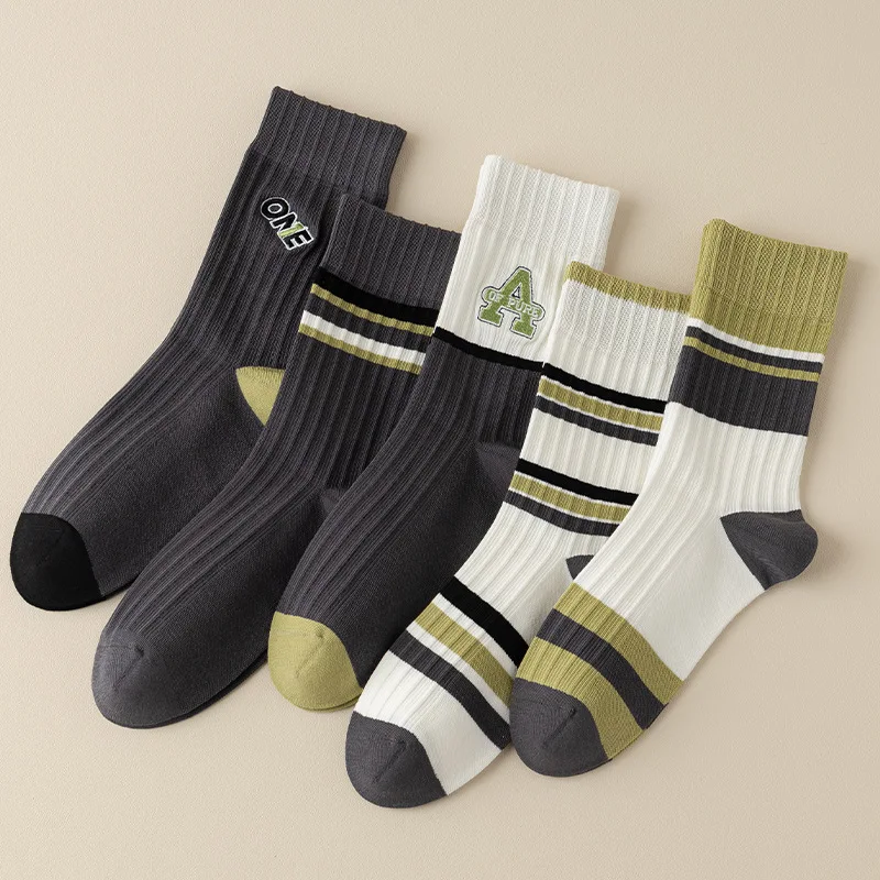 Men'S Stockings Color Block Cotton Socks Stripe Mid-Calf Stockings For Men Letter Embroidery Long Socks Leisure Versatile