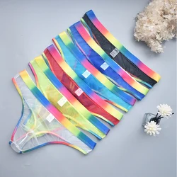 Men Mesh See Through T-back Thongs Briefs Men Sexy Transparent Low Waist G-string Underwear Tie-dye Breathable Pouch Knickers