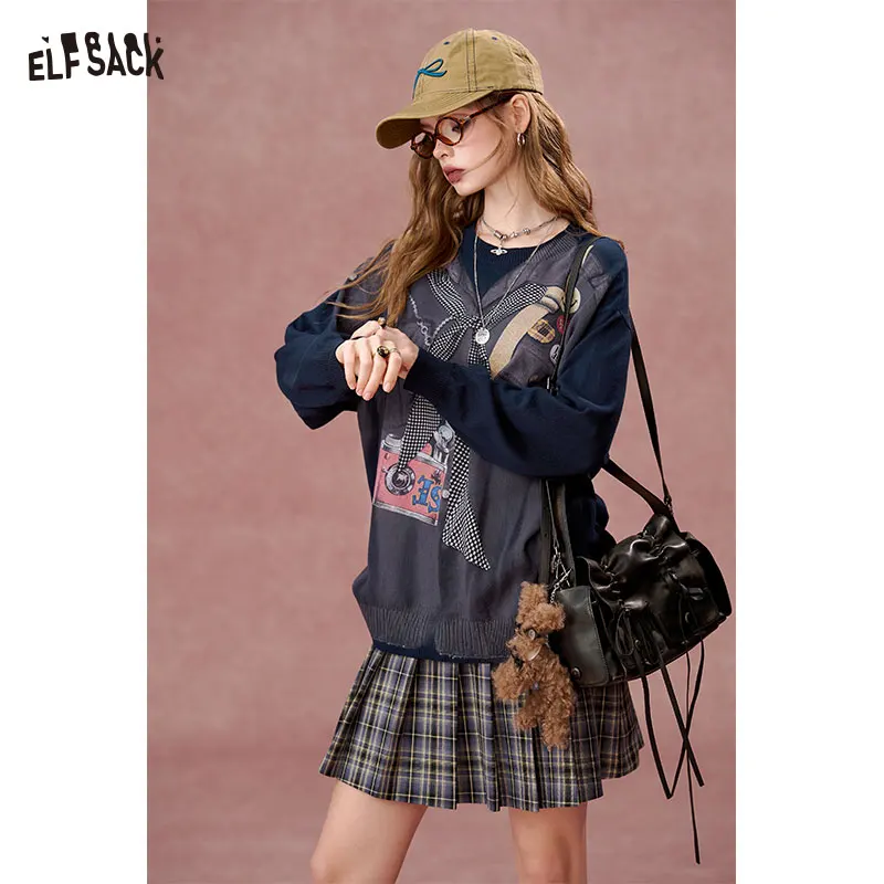 

ELFSACK 2024 Autumn New Arrivals Contrast color printed round neck sweater for women, loose casual tops