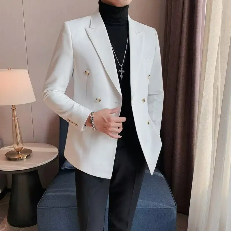 Double-breasted Suit Men's Business Dress Slim-fitting Korean Ruffian Handsome High-end Casual Suit British Style Autumn Coat