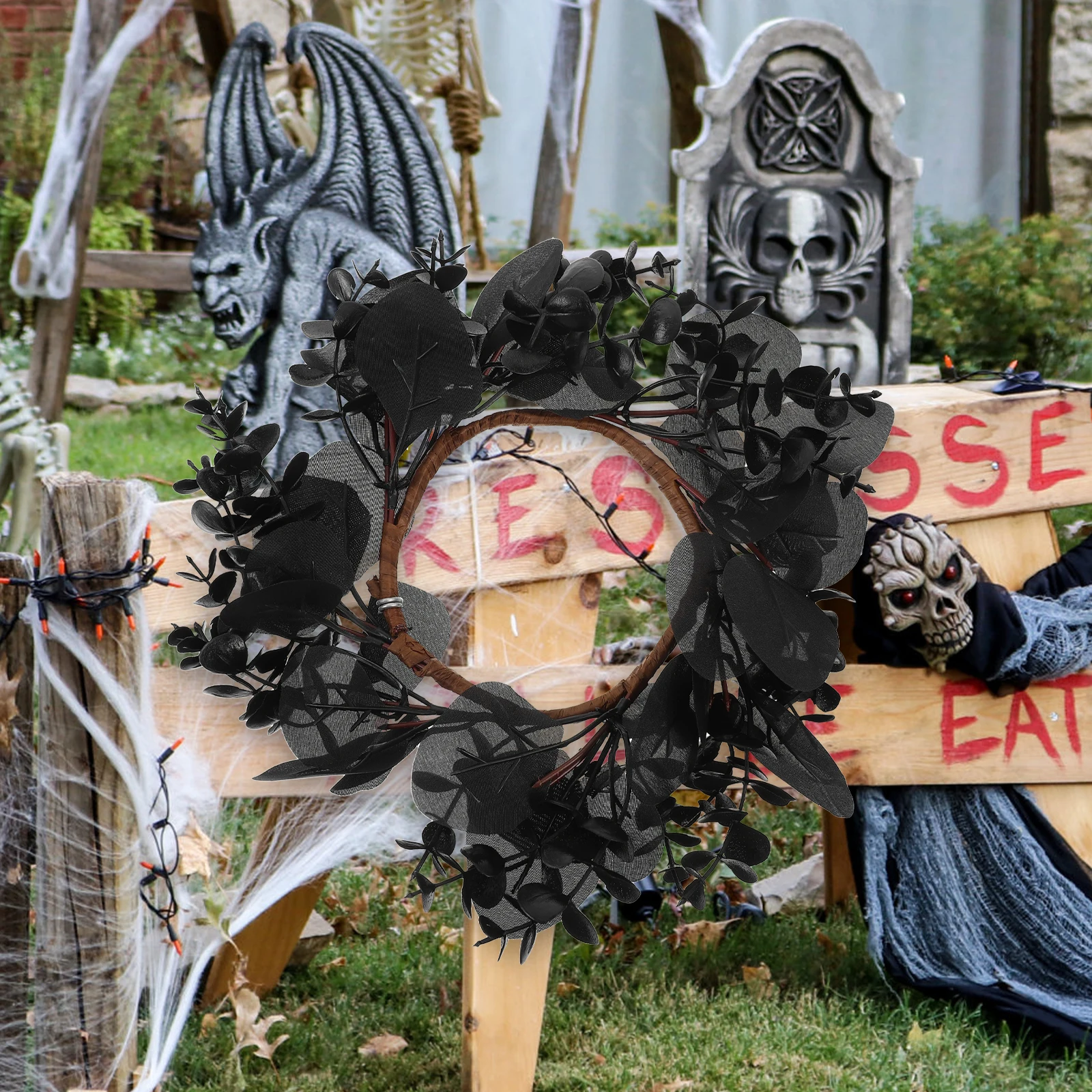 

Halloween Wreath Black Maple Leaf 25Cm Paper Ring Pumpkin Hangings Festive Decorations