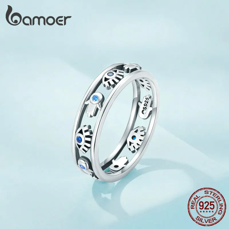 Bamoer 925 Sterling Silver Hollow-out Symbol Guardian Ring Fatima's Hand Devil Eye Finger Ring for Women Lucky Jewelry SCR900