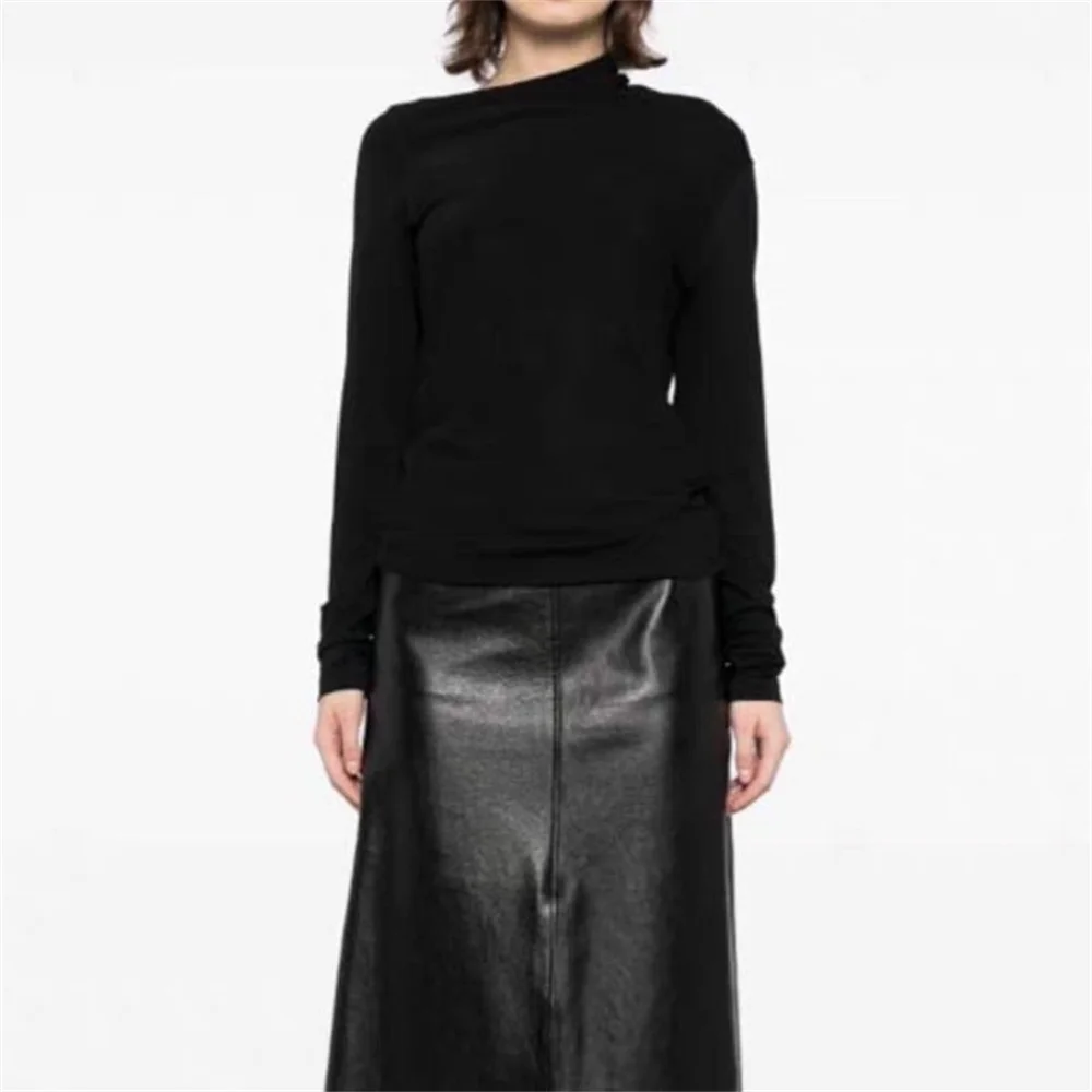 

Early Spring Women's Asymmetrical Collar Long Sleeve T-Shirt Minimalist Simple Solid Color Pullover Tee Top for Female