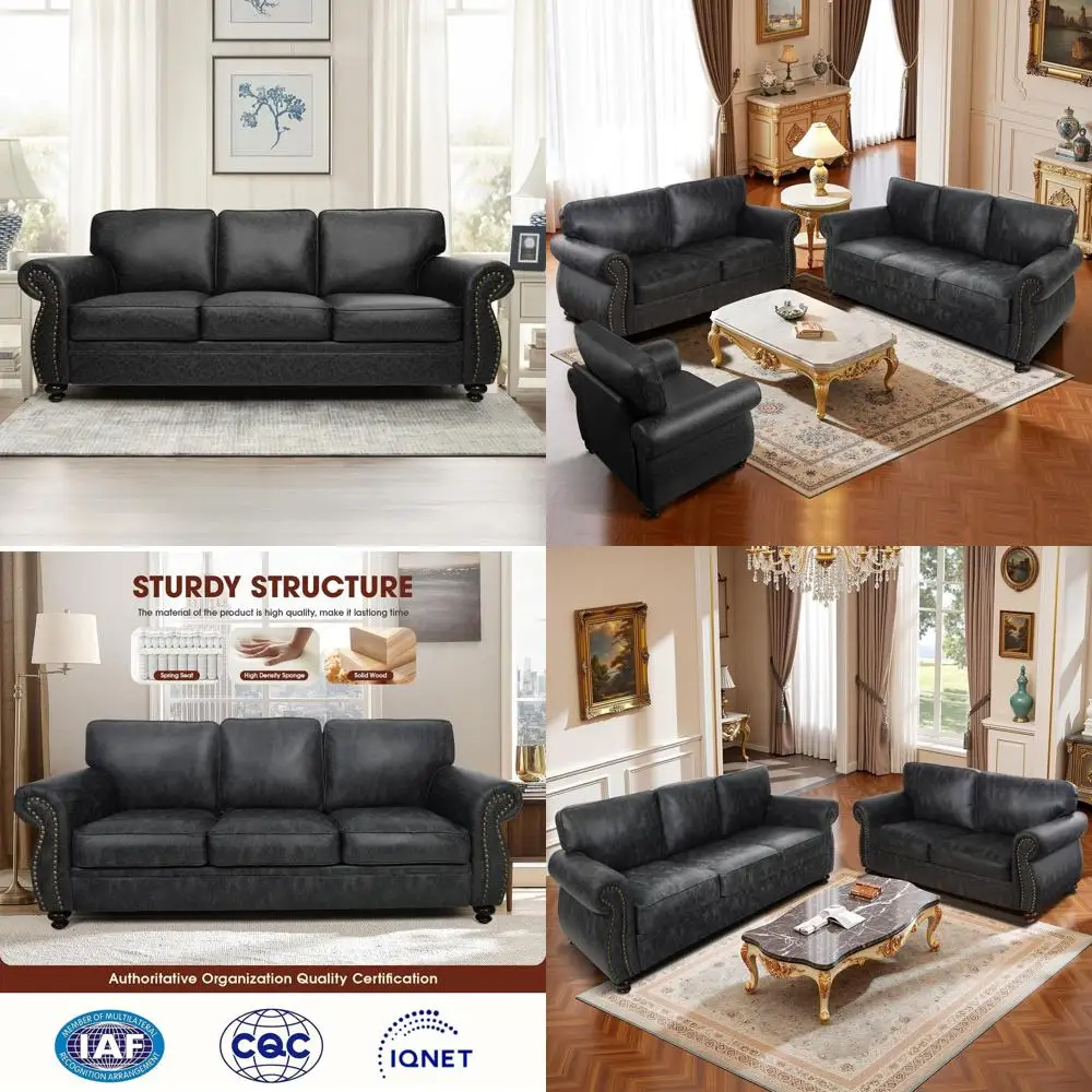 

Vintage 3-Seater Sofa with Rivet Accents, Removable Cover, Grey Upholstered Cushions on Solid Wood Frame