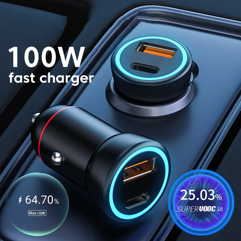 Crouch Mini USB Car Charger 100W Fast Charging Car Charger Type C PD QC3.0 Phone Charger in Car For iphone Huawei Xiaomi Samsung