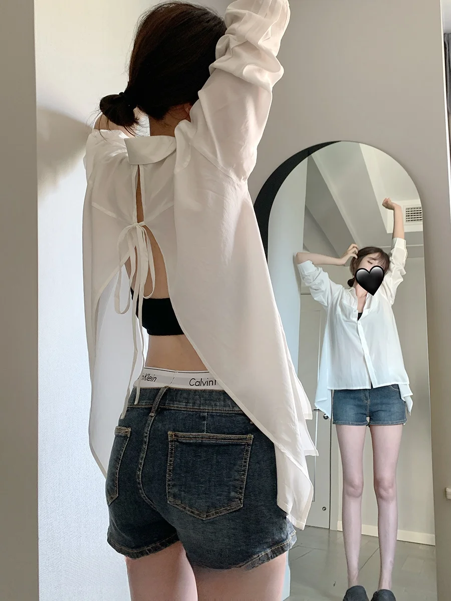 

CallmeEar Large Female Protagonist Design Backless Strap Long Sleeve Shirt Women's Summer Loose Fit Collar Cotton Blend