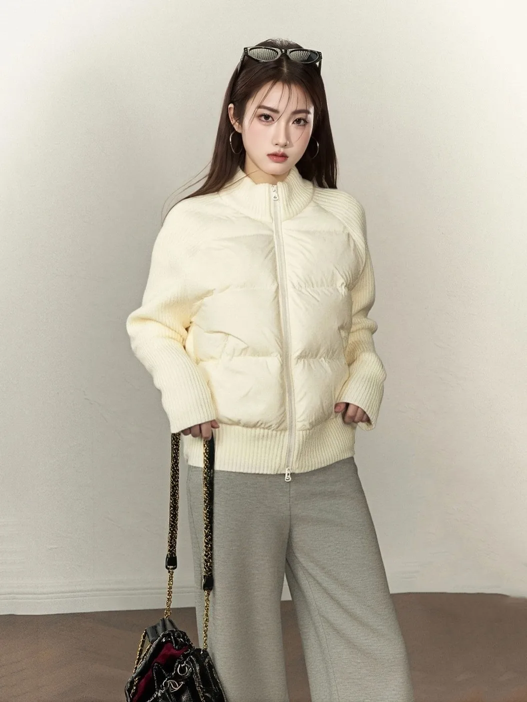 

Korean Design Thickened Knitted Stand Collar Cotton Jacket Women's Patchwork Warm Coat Long Sleeve High Collar Regular Length