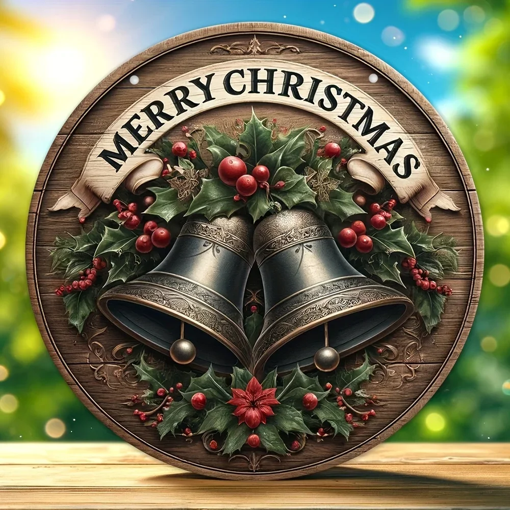 1PC,Charming Holly & Bell Wooden Sign - 19.99cm x 19.99cm | Perfect for Christmas, Farmhouse Decor, Front Door Welcome, Indoo