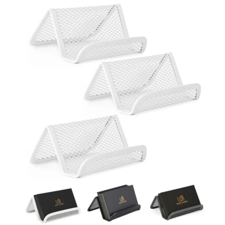 Metal Mesh Business Card Holders, 3 Pack, Durable Stainless Steel Card Stand for Desk, Office, and Business Use, Straight, Flat