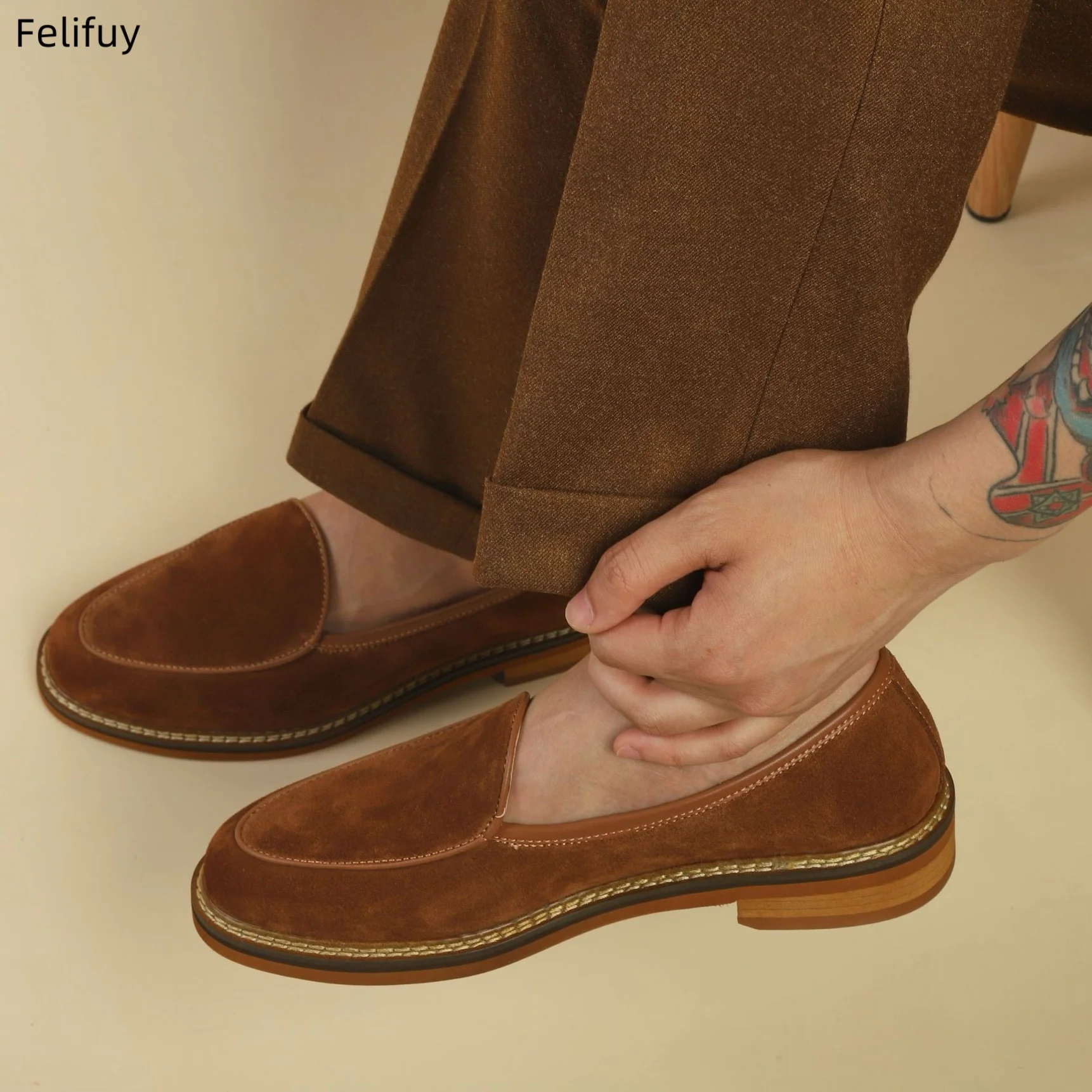 Brown Autumn Cow Suede Mens Loafers Simple Flat Casual Shoes Luxury Brand Genuine Leather Outdoor Mocasin Party Wedding Shoes