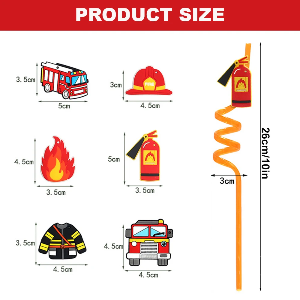 8pcs Reusable Fire Truck Plastic Spiral Straws Fighter Drinking Straw Firetruck Fireman Birthday Party Supplies Kids Gift Favors