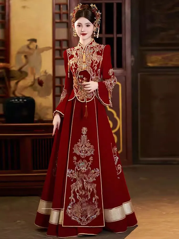 

Новое бархатное свадебное платье большого размера с драконом и фениксом в китайском стиле.