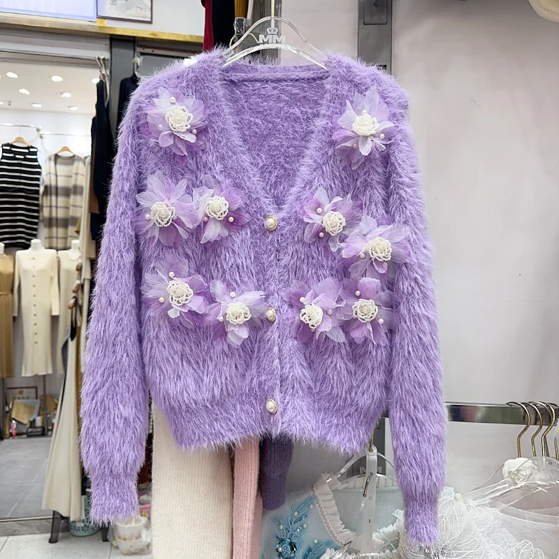 Mohair V-neck Long-sleeved Knitted Sweater New Autumn Winter High-waisted Short Heavy Industry Flower Beaded Knitwear Pink Color