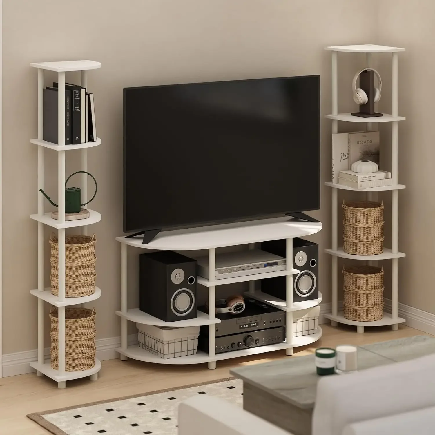 

5 Tier Corner Display Rack Multipurpose Shelving Unit, White/White, Set of 2