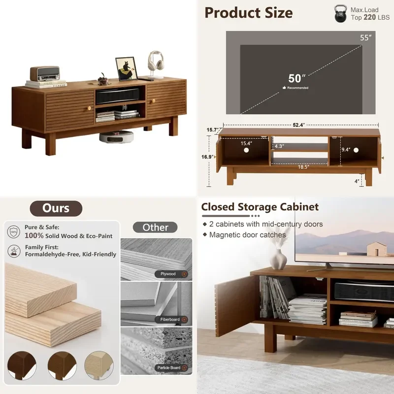 Medieval Walnut Living Room TV Cabinet with Louvered Middle Drawer Open Grid Solid Wood Feet Long Floor Audio Visual Low