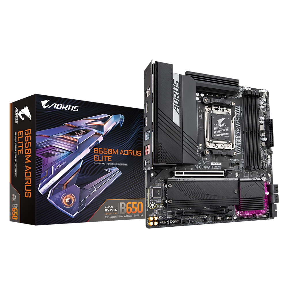 GIGABYTE B650M AORUS ELITE 1.0 AMD AM5 ATX Motherboard128GBDDR5 2x PCIe x16, 2x M.2, 4x SATA 6, 7x USB 3.2, 1x USB-C 4x USB 2.0