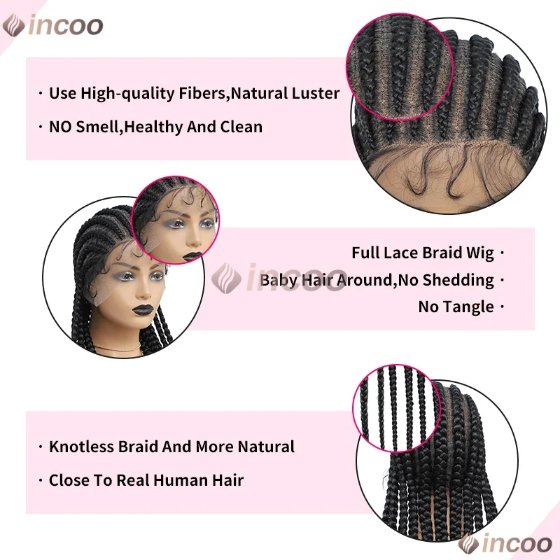 36インチ コーンロウブレイズ ベビーヘア付き 合成ウィッグ 360フルレースウィッグ 黒人女性用 ボックスブレイズ ブラックウィッグ