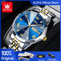OLEVS Men's Watches Rhombus Mirror Original Quartz Watch for Man Waterproof Luminous Stainless Steel Wristwatch Male Date Week