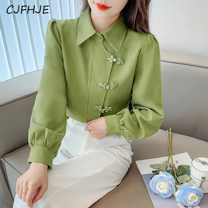 CJFHJE New Chinese Style Button Brushed Women\'s Shirt Top Spring Fashion Retro Versatile Women Long Sleeved POLO Collar Shirt