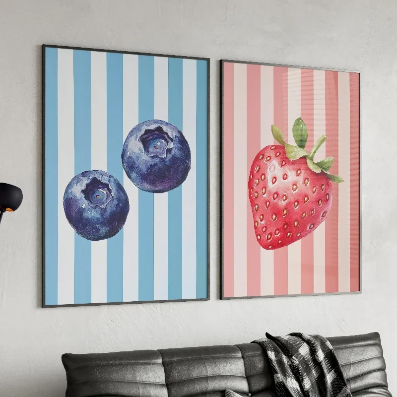 2pcs frameless Canvas Painting 2pcs Stylish Kitchen Fruit Posters Minimalist Fresh Strawberry Blueberry Frameless Canvas Art for