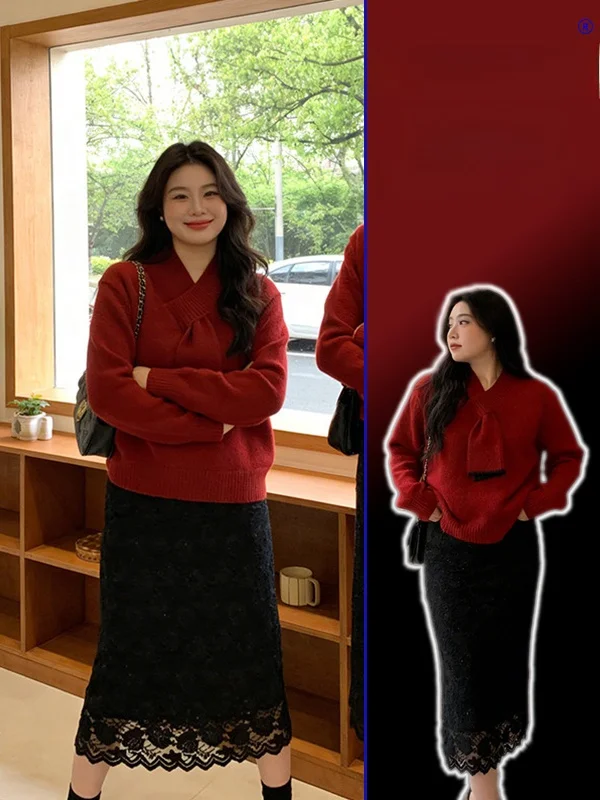 

Комплект вязаных свитеров больших размеров для женщин: модный, удобный, свободный крой, красный, весенний, новинка к Новому году, с эффектом похудения