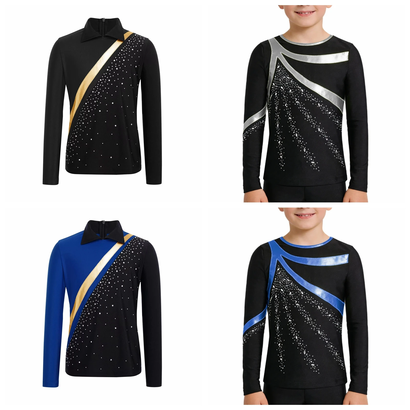 Boy Rhinestones Long Sleeve Top Latin Dance Ice Skating Clothes Kids Boys T-shirts Children Exercise Figure Skating Costume