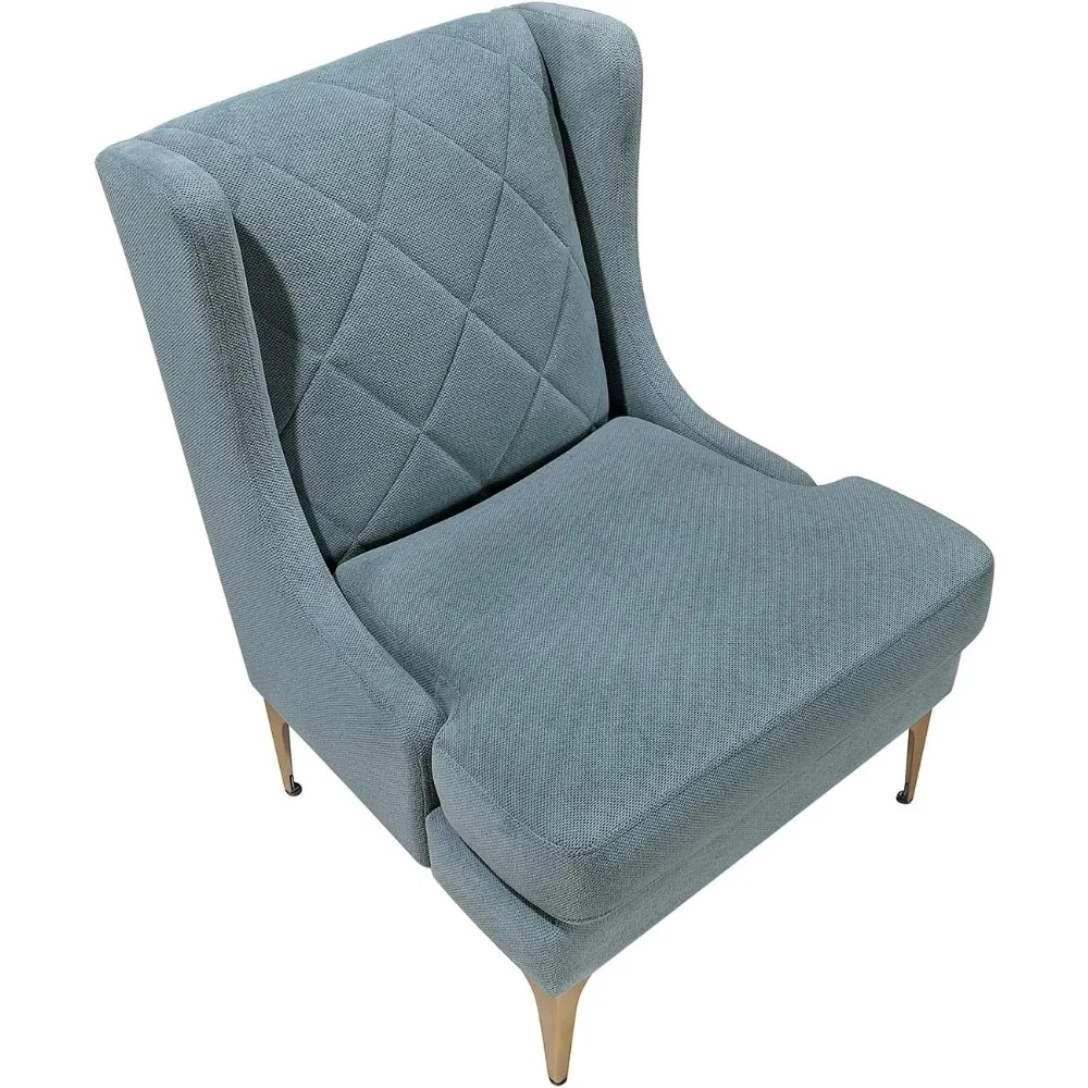 كرسي شانيل أزرق أنيق حديث مع أرجل معدنية ذهبية وخياطة ماسية