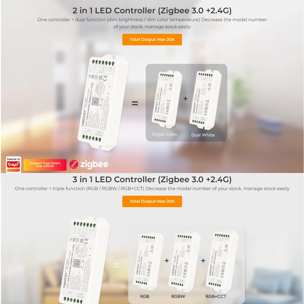 Miboxer 2.4G RF Zigbee 3.0 Remote 2 in 1 Dual white Single color 3 in 1 RGB RGBW RGBCCT LED Controller 12V 24V Tuya APP dimmer