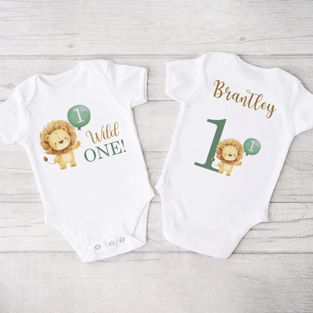 

Personalized Baby Wild One Birthday Bodysuit Safari Animal with Name Newborn Romper Infant Jungle Party Outfit Baby Shower Gift