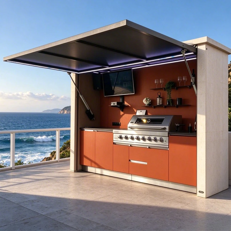 Modern Stainless Steel 304 Outdoor Kitchen Island With Remote Control Lift Up Roof And Built In Sink Fridge Grill