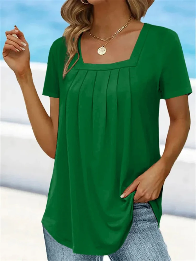 Plus Size Solid Color Pleated Square Neck Women's T-shirts Loose Short Sleeve Ruffled Lady Tee Basic Elegant Sexy Commuter Tops