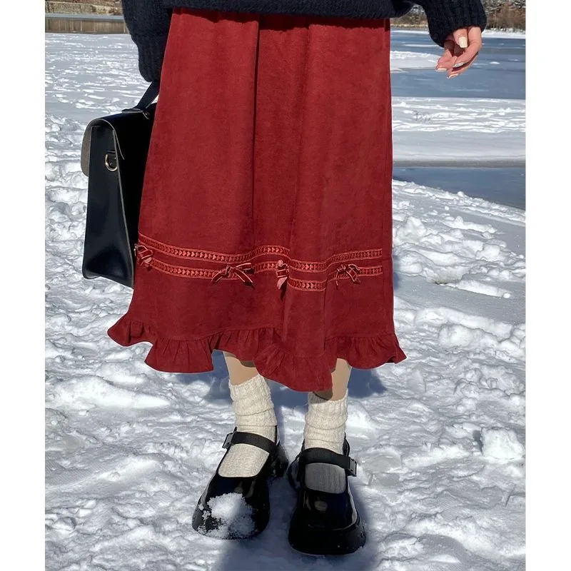 Vintage Bow Stitching Red Mid-length Skirt Women Autumn 2025 New Japanese High Waist Loose All-match Ruffled A-line Skirt