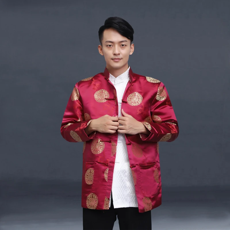 2022 Tang Suit Men\'s Shirt Chinese Traditional Retro Long-Sleeved Chinese Men\'s Kung Fu Hanfu New Year Clothes Birthday Party