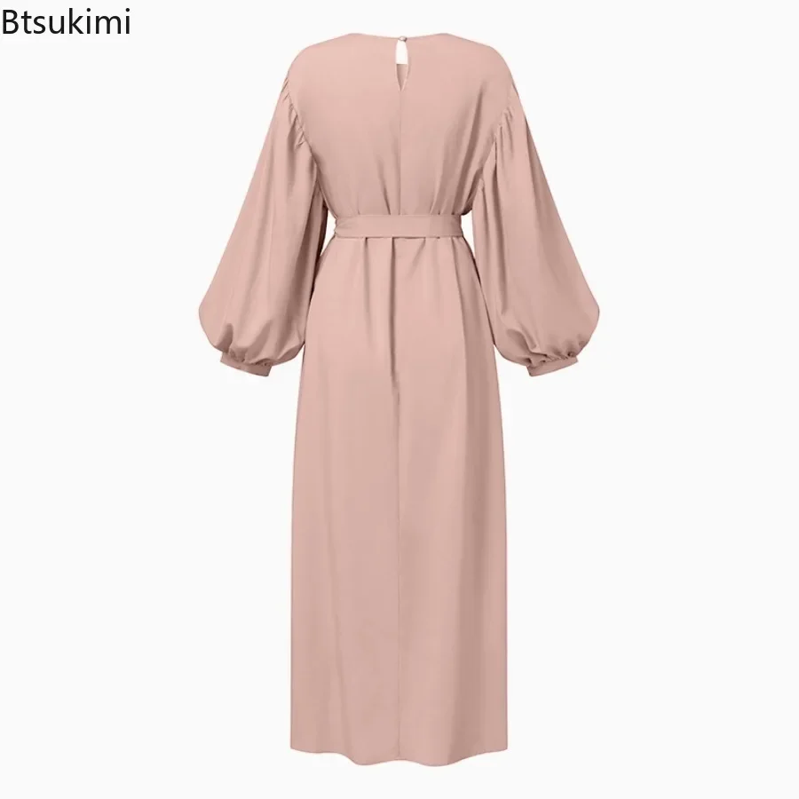 New Fashion Muslim Elegant Modest Abaya for Women Vintage O-neck Lace-up Evening Dress Saudi Arab Solid Kaftan Casual Robe Femme