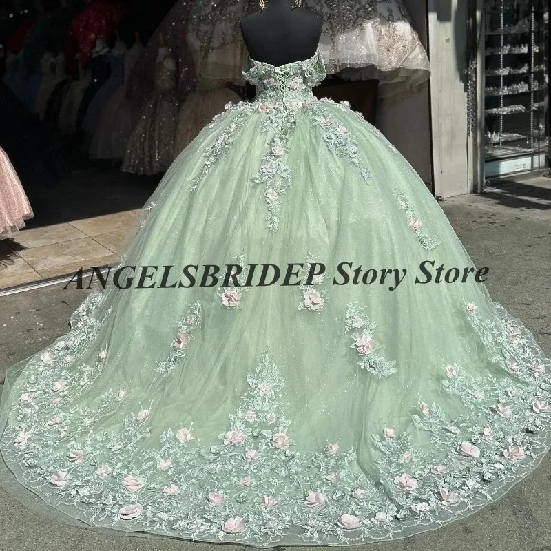 ANGELSBRIDEP abiti Quinceanera verde menta scintillante dolce 16 abiti 3D fiore Applique pizzo Tulle abiti 15 De quinceasenera nuovo