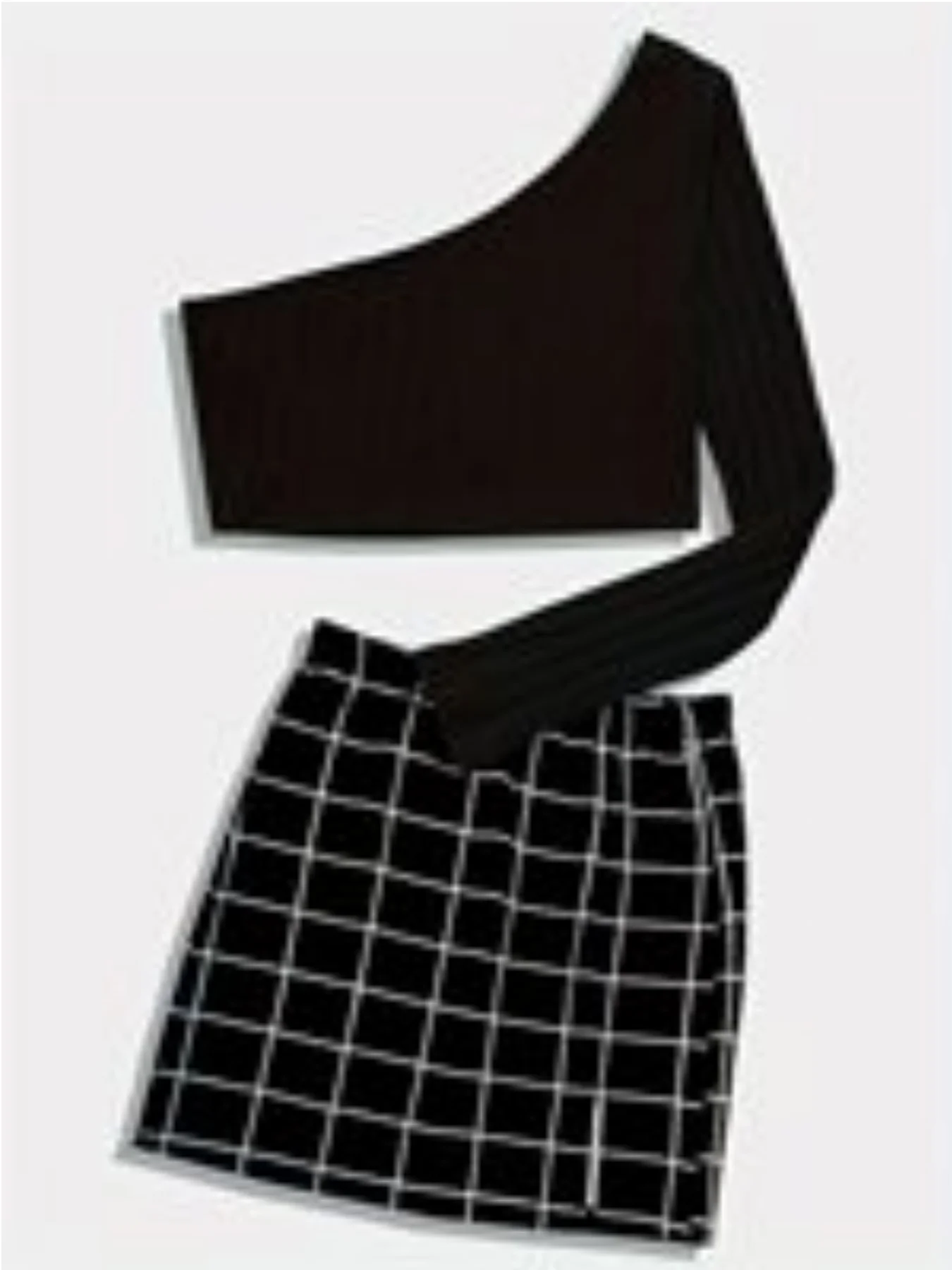 

Women Black One Shoulder Single Long Sleeve Ribbed Cropped Top & Black White Grid Check High Waist A Line Mini Skirt 2 Piece Out
