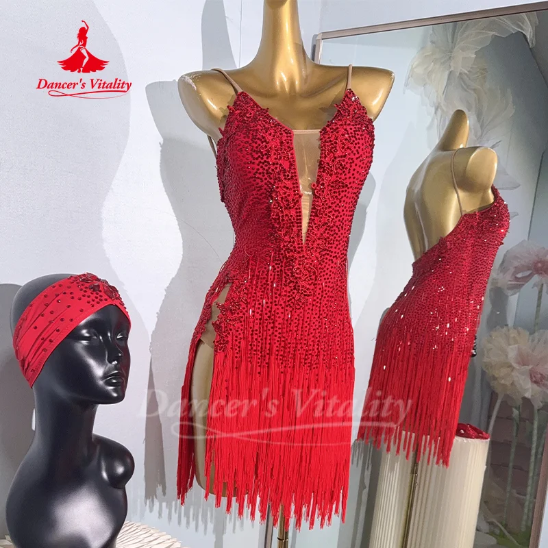 Latein-Tanz-Wettbewerbskostüm für Damen, maßgeschneidert, High-End-Luxus-AB-Steine, Fransenkleid, Tango, Samba, Rumba, Performance-Kleidung