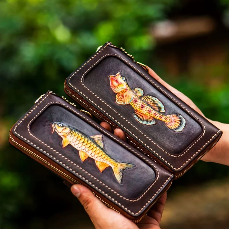 

Hand-carved Cryprinus Carpiod Turquoise Design Wallets Bag Purses Men Long Clutch Vegetable Tanned Leather Free Engraving