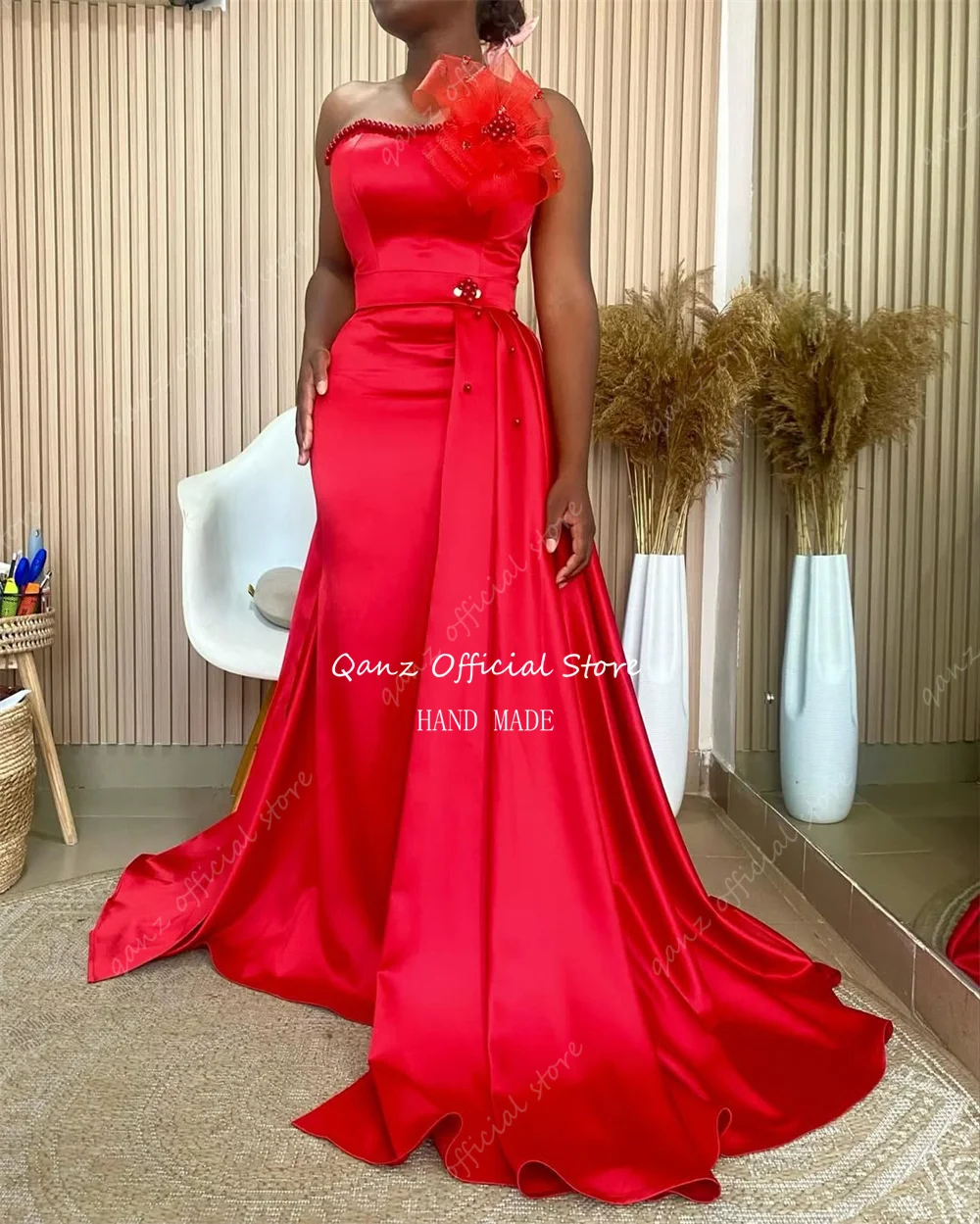 Qanz Red Evening Dress Satin Mermaid Pearls African Dresses for Women Wedding Guest Sexy Backless Vestidos De Fiesta Customized