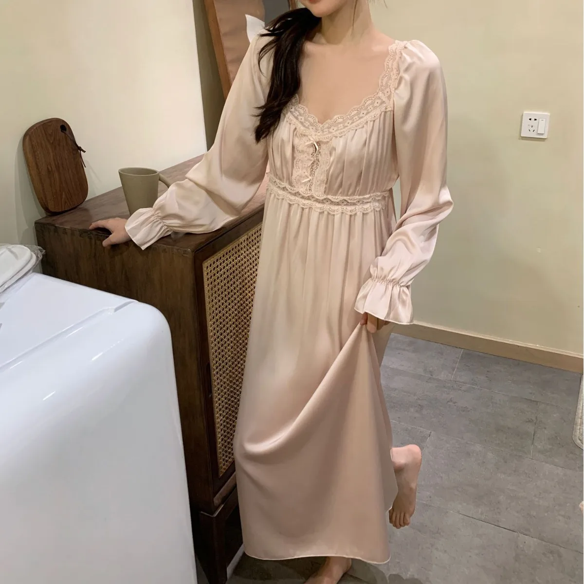 Square Neck Sleepdress Women Long Satin Nightgown Lace Patchwork Nightdress With Bowknot Summer Elegant Palace Style Sleepwear