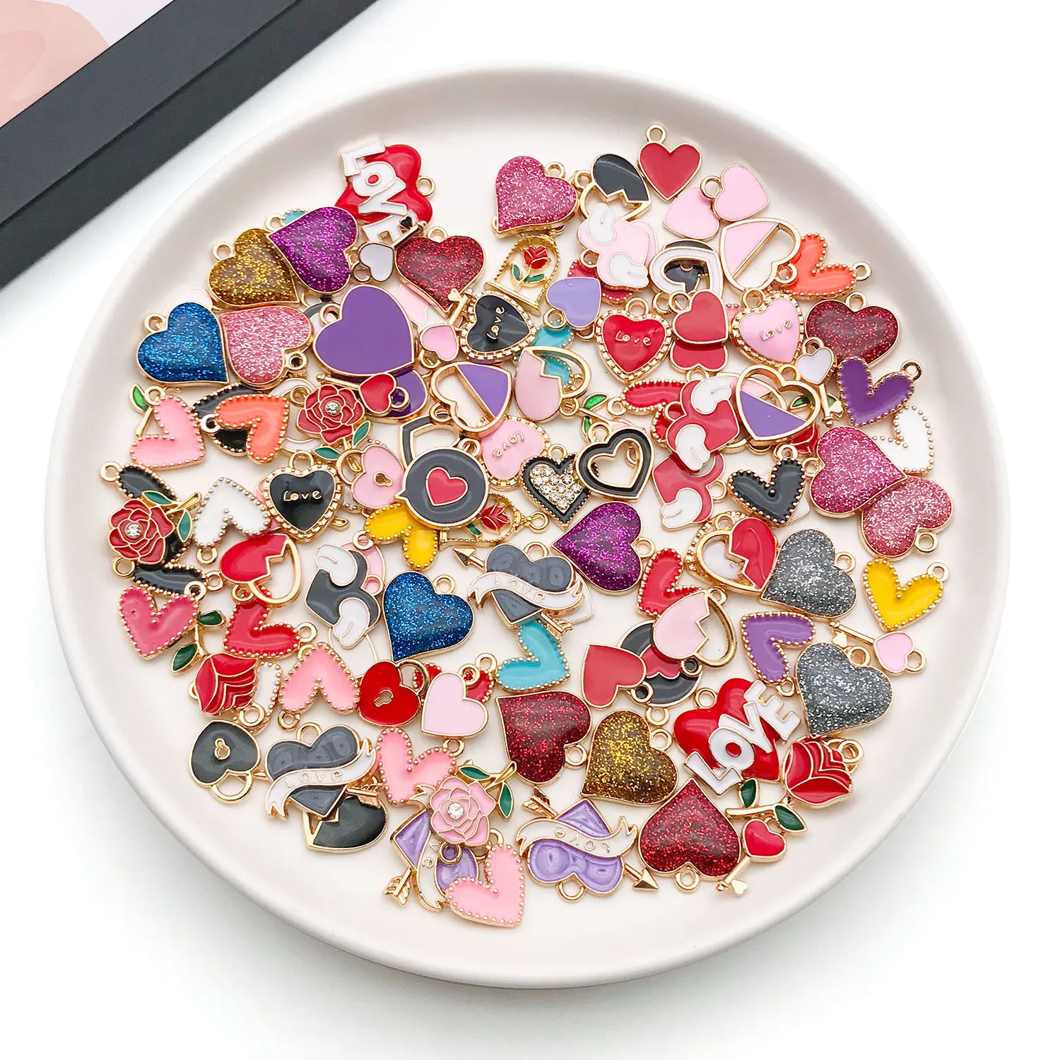 مختلط 30/120 قطعة قلب، شكل خوخ، وردة، سحر قلادة من سبائك المينا على شكل جناح، إكسسوارات زينة ذاتية الصنع، الأكثر مبيعًا.