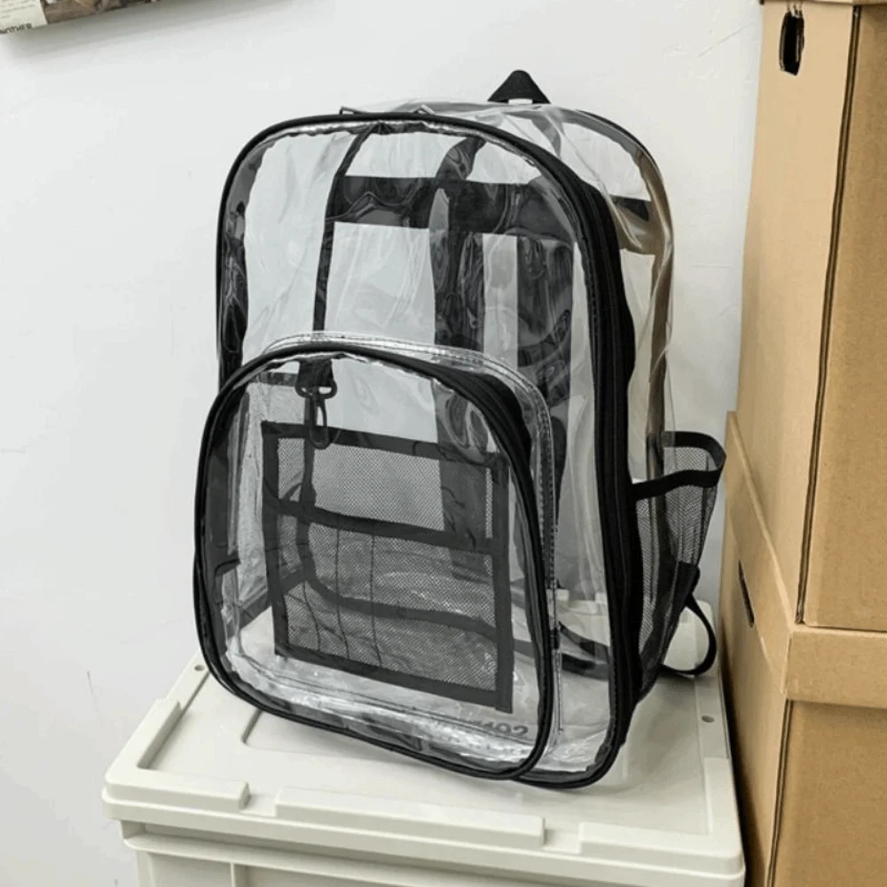 Modischer transparenter PVC-Rucksack mit großer Kapazität, wasserdicht, Schultasche für Schüler, mehrere Taschen, vielseitig kombinierbare durchsichtige Umhängetasche für die Schule. – Detail 8