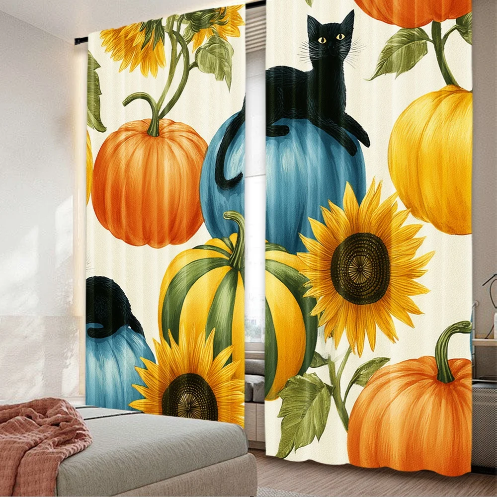 2pcs 2D flat printing Curtains Black Cat Pumpkin Sunflower Autumn 100% Polyester Without Electricity 0 for Holiday Decor