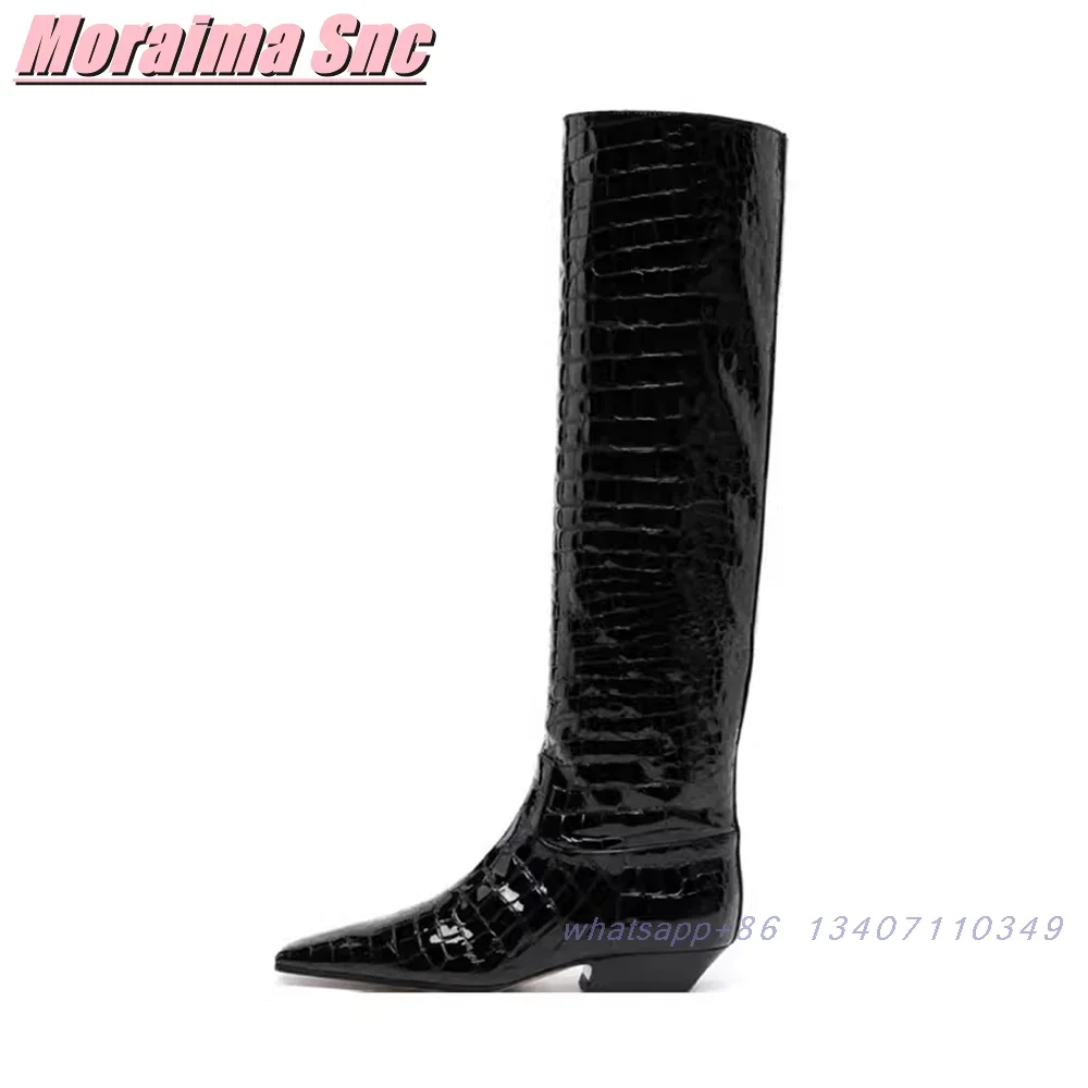 Angora Red Crocodile Pattern Long Boots Patent Leather Pointed Toe Block Chunky Heel Fashion Women's Knee High Boots Winter 2025